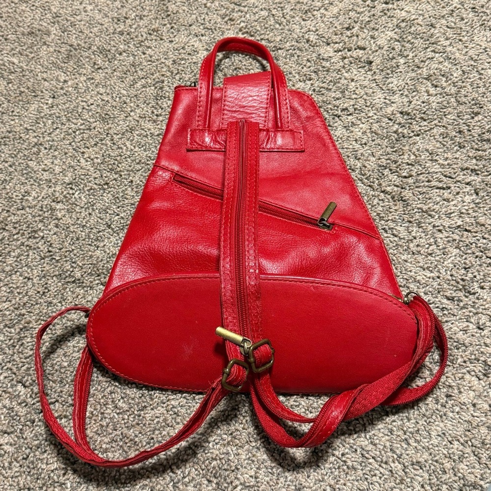 Vera Pelle Genuine Leather Backpack Purse Red Vintage Sling Bag Soft - Picture 3 of 7